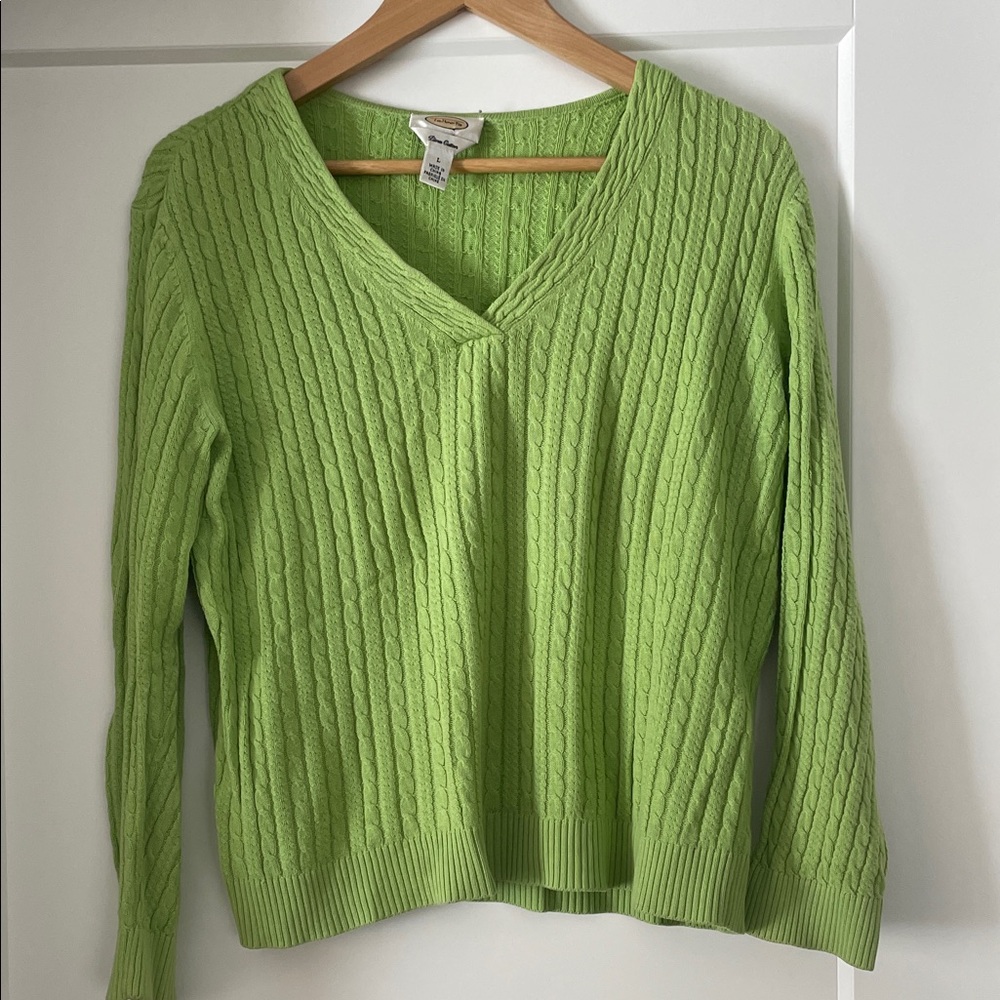 Talbots Lime V-Neck Cable Knit Sweater Size Large